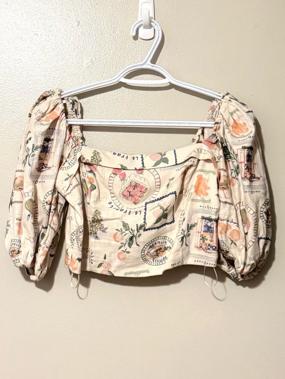 Abercrombie & Fitch Cream Botanical-Print Puff Sleeve Crop Top